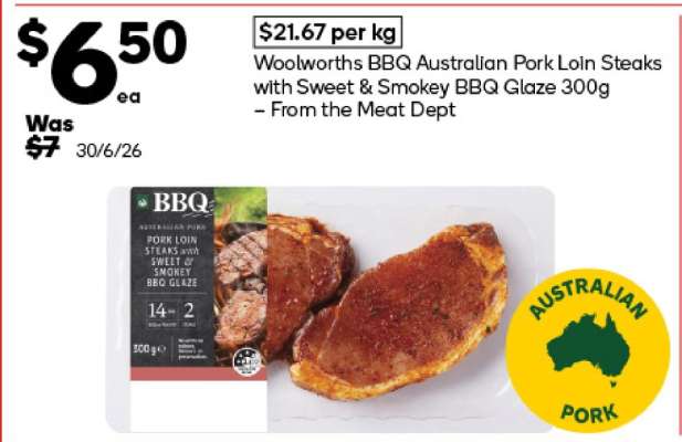 Woolworths BBQ Australian Pork Loin Steaks with Sweet & Smokey BBQ Glaze 300g