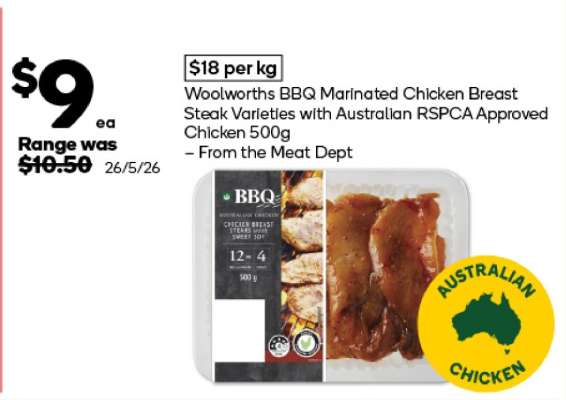 Woolworths BBQ Marinated Chicken Breast Steak Varieties with Australian RSPCA Approved Chicken 500g