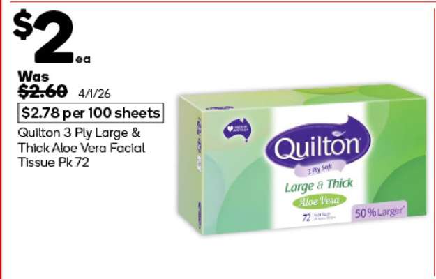 Quilton 3 Ply Large & Thick Aloe Vera Facial Tissue Pk 72