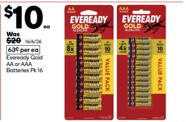 Eveready Gold AA or AAA Batteries Pk 16
