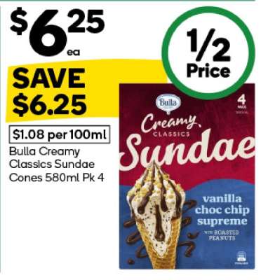 Bulla Creamy Classics Sundae Cones 580ml Pk 4