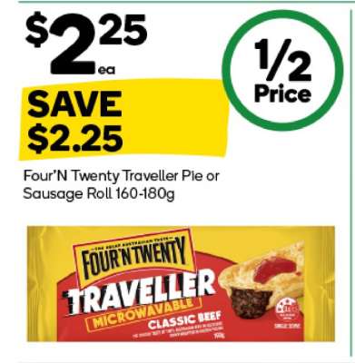 Four'N Twenty Traveller Pie or Sausage Roll 160-180g