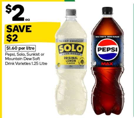 Pepsi, Solo, Sunkist or Mountain Dew Soft Drink Varieties 1.25 Litre