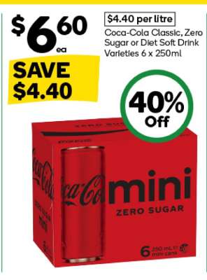 Coca-Cola Classic, Zero Sugar or Diet Soft Drink Varieties 6 x 250ml