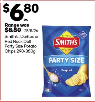 Smith's, Doritos or Red Rock Deli Party Size Potato Chips 290-380g