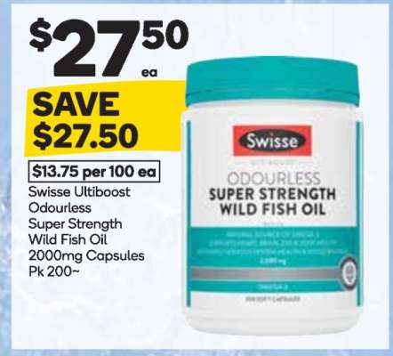 Swisse Ultiboost Odourless Super Strength Wild Fish Oil 2000mg Capsules Pk 200~