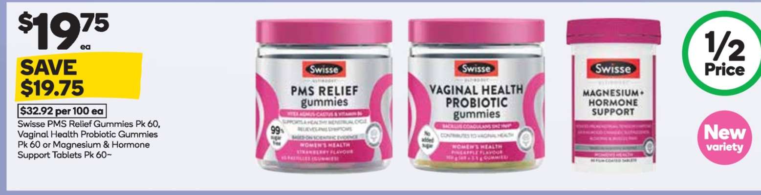 Swisse PMS Relief Gummies PK 60, Vaginal Health Probiotic Gummies PK 60 or Magnesium + Hormone Support Tablets PK 60