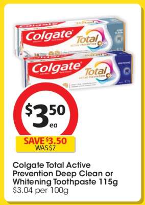 Colgate Total Active Prevention Deep Clean or Whitening Toothpaste 115g