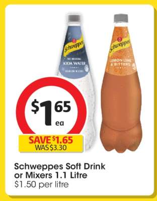 Schweppes Soft Drink or Mixers 1.1 Litre