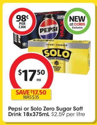 Pepsi or Solo Zero Sugar Soft Drink 18x375mL