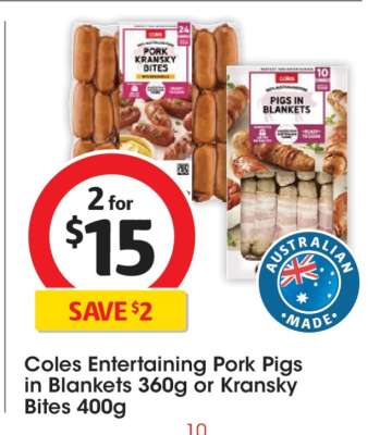 Coles Entertaining Pork Pigs in Blankets 360g or Kransky Bites 400g