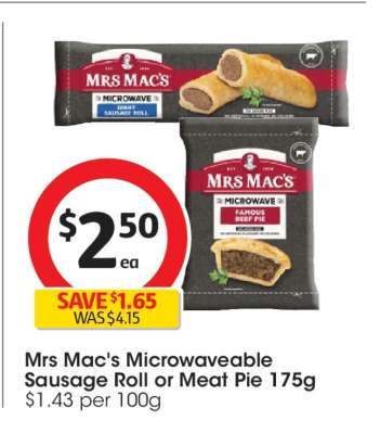 Mrs Mac's Microwaveable Sausage Roll or Meat Pie 175g
