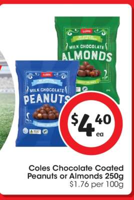 Coles Chocolate Coated Peanuts or Almonds 250g