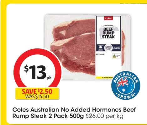 Coles Australian No Added Hormones Beef Rump Steak 2 Pack 500g