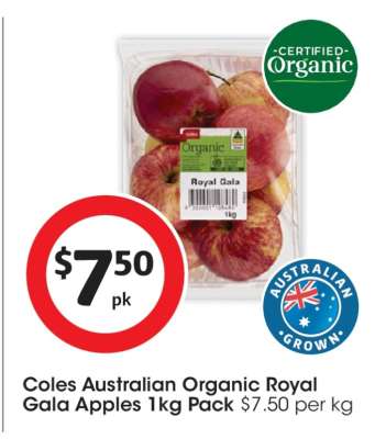 Coles Australian Organic Royal Gala Apples 1kg Pack