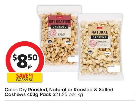 Coles Dry Roasted, Natural or Roasted & Salted Cashews 400g Pack