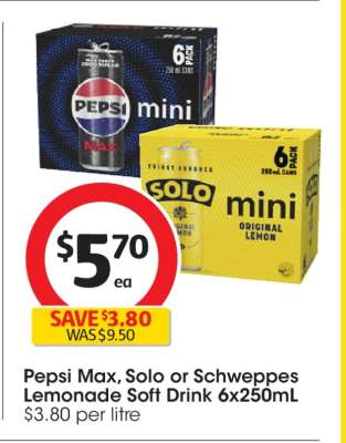 Pepsi Max, Solo or Schweppes Lemonade Soft Drink 6x250mL