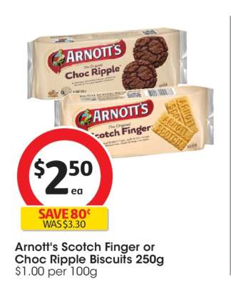 Arnott's Scotch Finger or Choc Ripple Biscuits 250g
