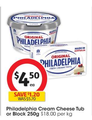 Philadelphia Cream Cheese Tub or Block 250g