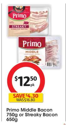 Primo Middle Bacon 750g or Streaky Bacon 650g