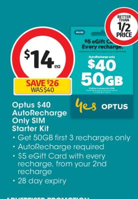 Optus $40 AutoRecharge Only SIM Starter Kit