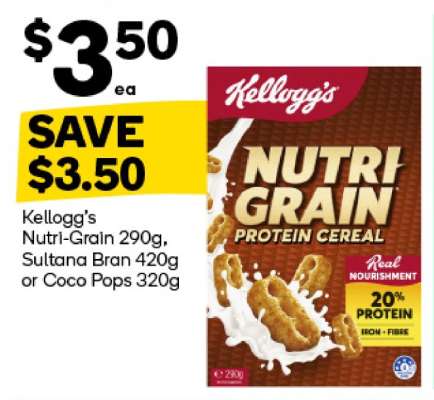 Kellogg's Nutri-Grain 290g, Sultana Bran 420g or Coco Pops 320g