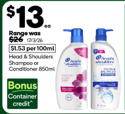 Head & Shoulders Shampoo or Conditioner 850mL