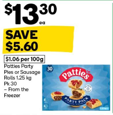 Patties Party Pies or Sausage Rolls 1.25 kg Pk 30
