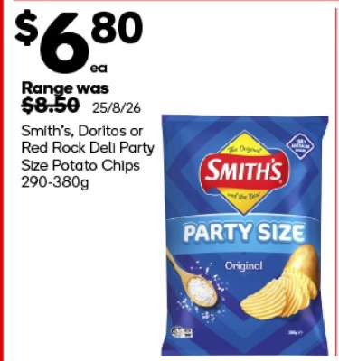 Smith's, Doritos or Red Rock Deli Party Size Potato Chips 290-380g