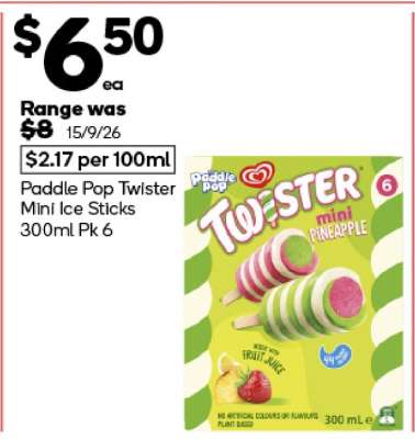 Paddle Pop Twister Mini Ice Sticks 300ml Pk 6