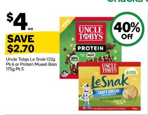 Uncle Tobys Le Snak 132g Pk 6 or Protein Muesli Bars 175g Pk 5