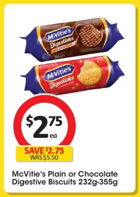 McVitie's Plain or Chocolate Digestive Biscuits 232g-355g