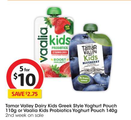 Tamar Valley Dairy Kids Greek Style Yoghurt Pouch 110g or Vaalia Kids Probiotics Yoghurt Pouch 140g