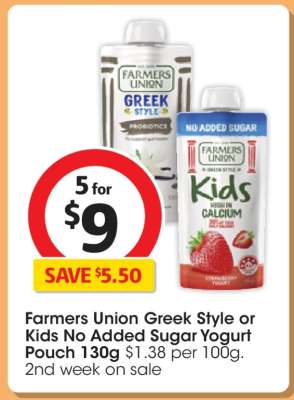 Farmers Union Greek Style or Kids No Added Sugar Yogurt Pouch 130g