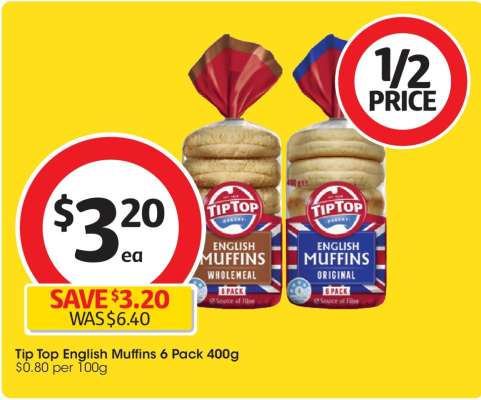 Tip Top English Muffins 6 Pack 400g