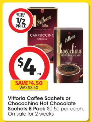 Vittoria Coffee Sachets or Chocochino Hot Chocolate Sachets 8 Pack