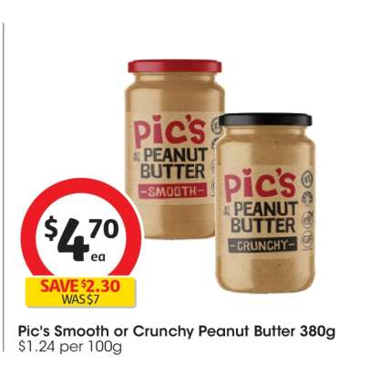 Pic's Smooth or Crunchy Peanut Butter 380g