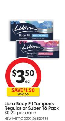Libra Body Fit Tampons Regular or Super 16 Pack