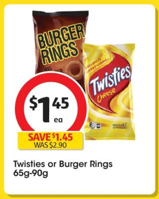 Twisties or Burger Rings 65g-90g