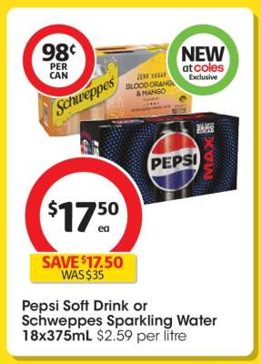 Pepsi Soft Drink or Schweppes Sparkling Water 18x375mL