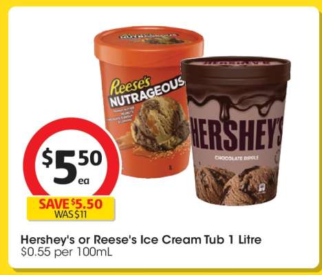 Hershey's or Reese's Ice Cream Tub 1 Litre