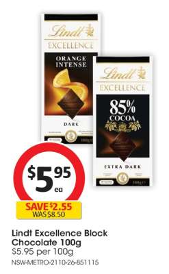 Lindt Excellence Block Chocolate 100g