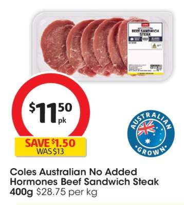 Coles Australian No Added Hormones Beef Sandwich Steak
