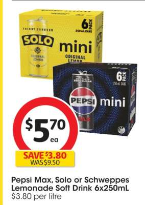 Pepsi Max, Solo or Schweppes Lemonade Soft Drink 6x250mL