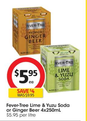 Fever Tree Lime & Yuzu Soda or Ginger Beer 4x250mL
