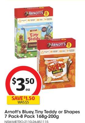 Arnott's Bluey, Tiny Teddy or Shapes 7 Pack-8 Pack 168g-200g