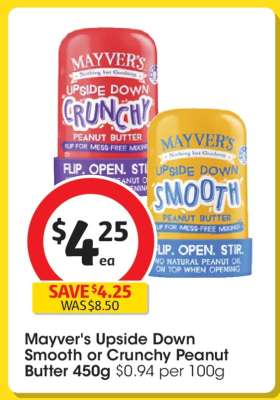 Mayver's Upside Down Smooth or Crunchy Peanut Butter 450g