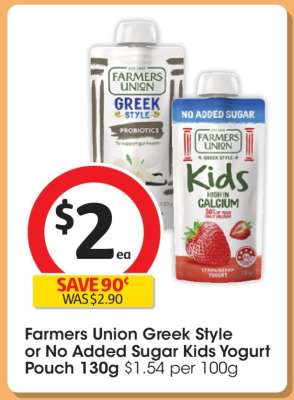 Farmers Union Greek Style or No Added Sugar Kids Yogurt Pouch 130g