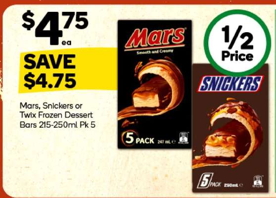 Mars, Snickers or Twix Frozen Dessert Bars 215-250ml Pk 5
