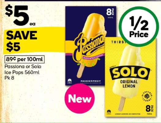 Passiona or Solo Ice Pops 560ml Pk 8